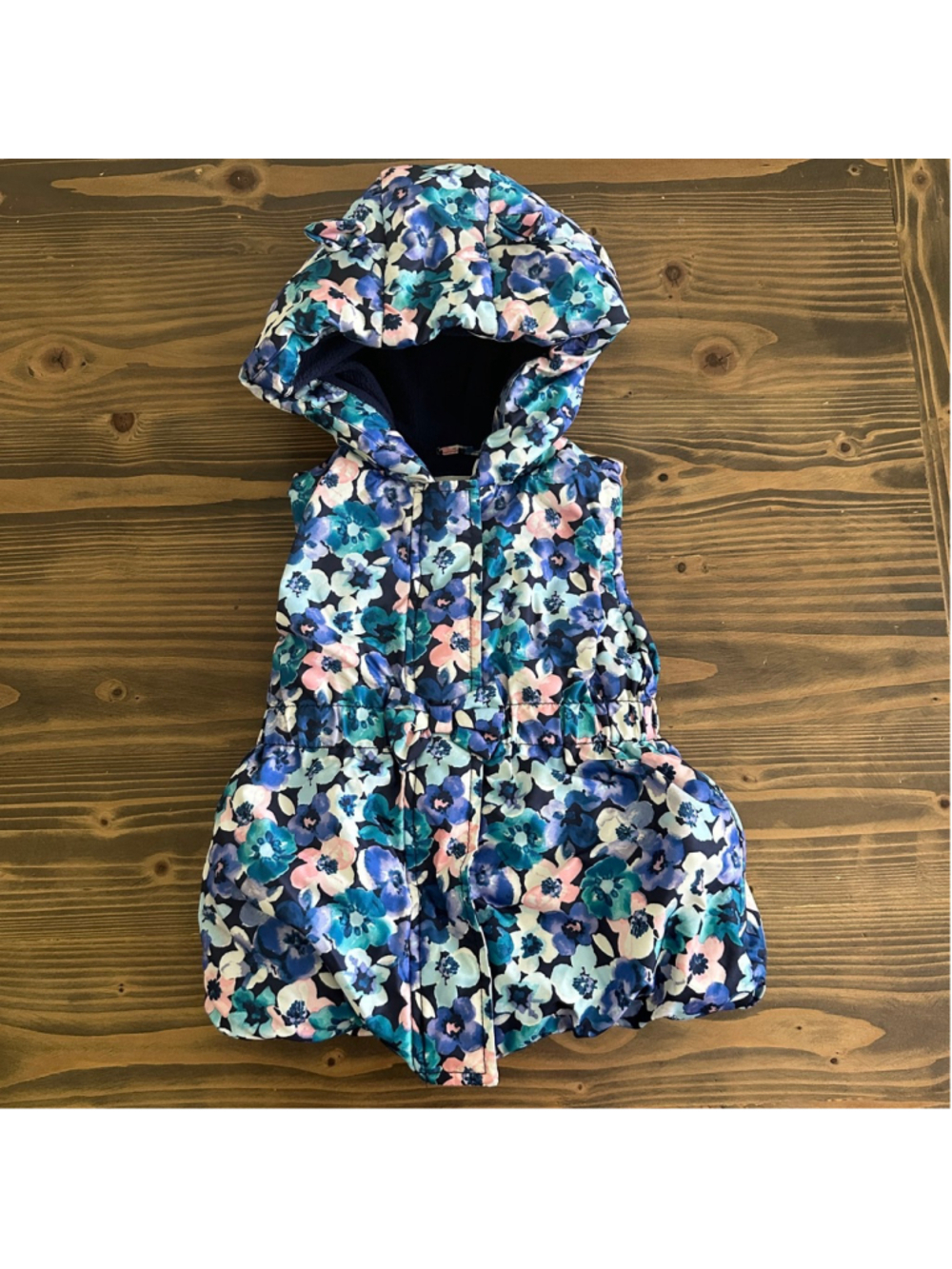 Kids Gymboree Puffer Vest 5T Blue Pink Floral Fleece Hood Bow Waist